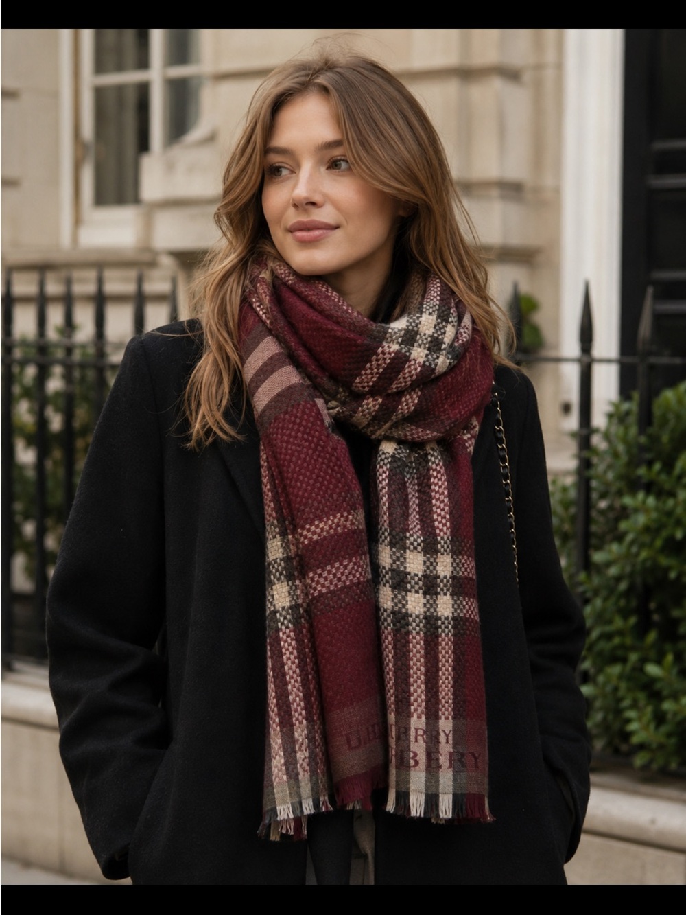 Burberry cashmere silk large  blanket scarf burgundy cream grey plaid